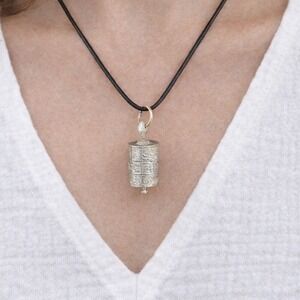 Vintage Asian Prayer Wheel Pendant Necklace Cylinder Scroll Charm